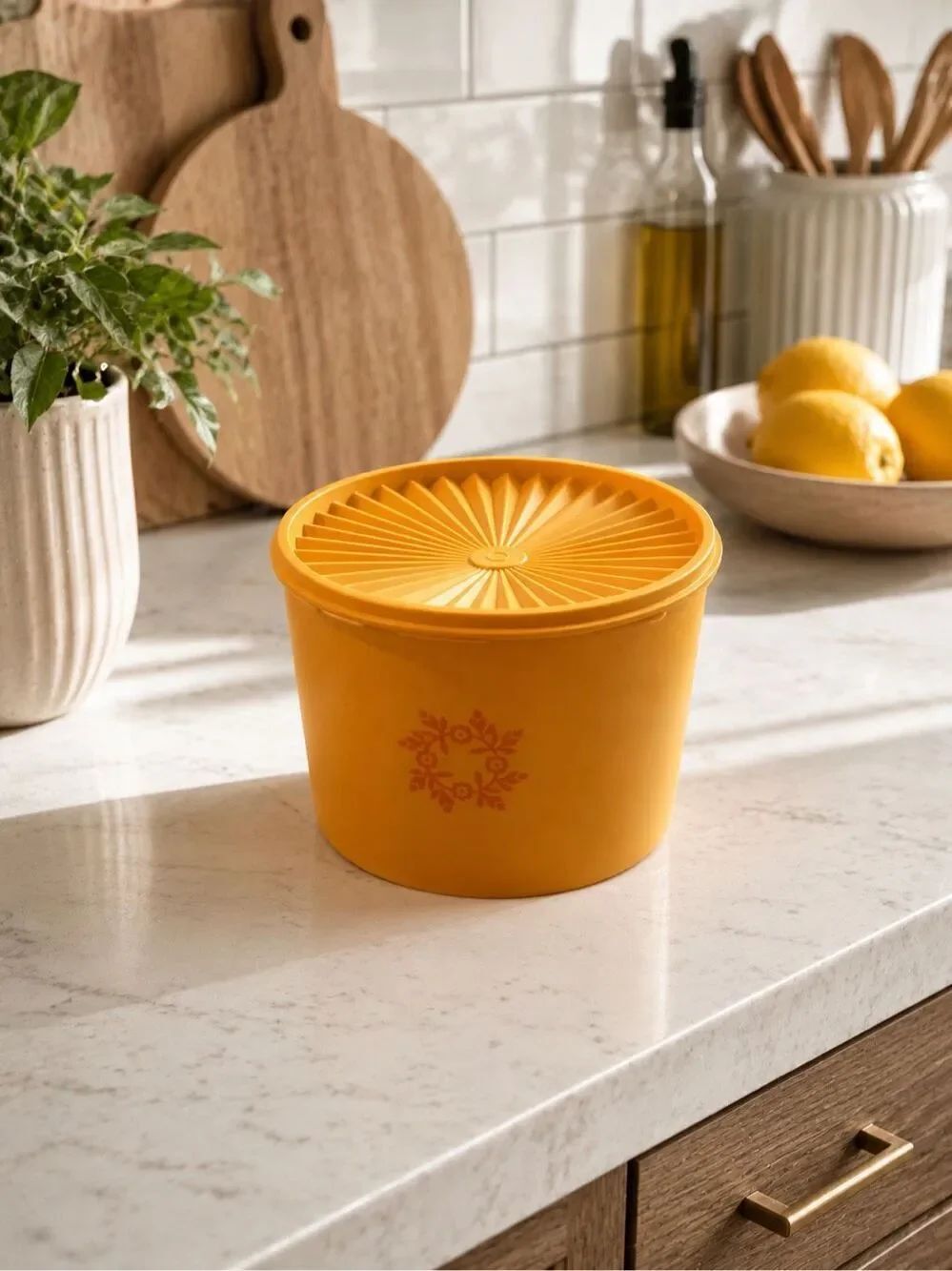 Vintage Tupperware Servalier Orange Yellow Flower Wreath Canister 1626-3 1205-3